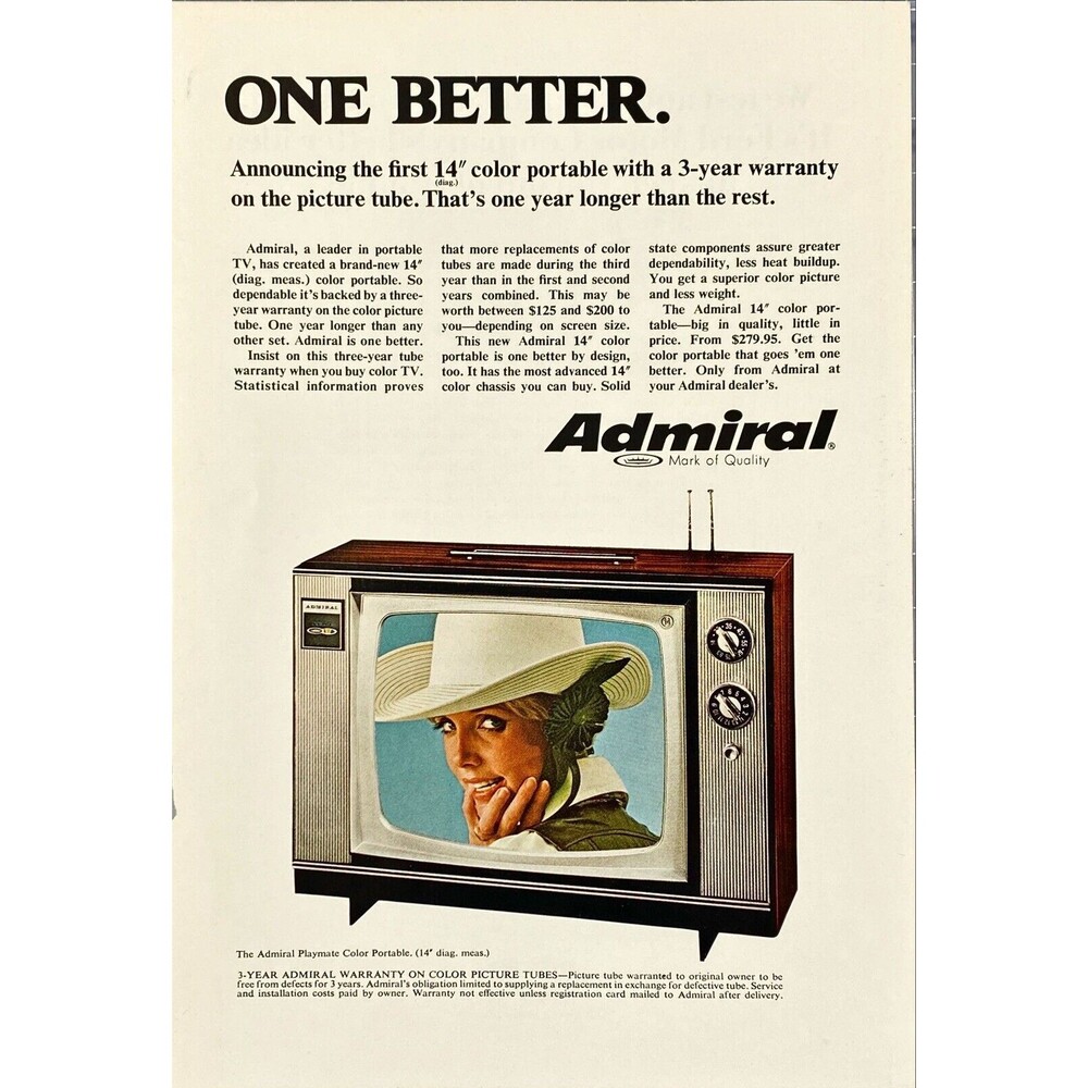 Admiral Playmate Color Portable 14" Television Vintage Print Ad 1969